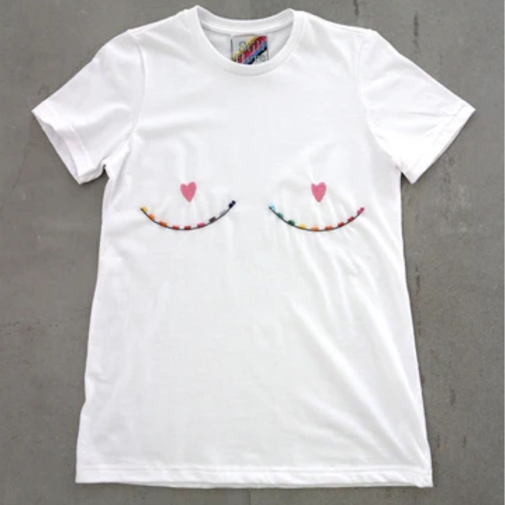 Still Here NYC - Boob T-shirt with rainbow beads and hearts. One size